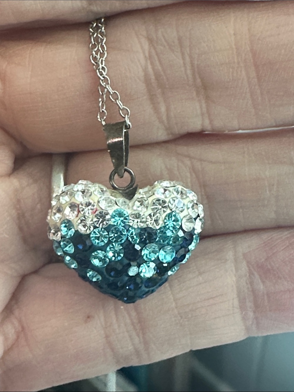 16 inch Heart Crystal Pendant Necklace in Teal and Silver - very Sparkly